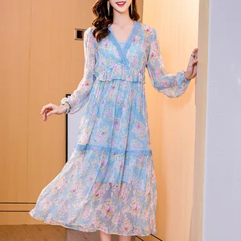 New 2020 fashion printed silk dress is v neck closed posed hollow out render of mulberry silk waist a female
New 2020 fashion printed silk dress is v neck closed posed hollow out render of mulberry silk waist a female