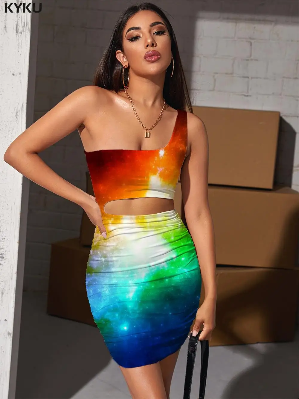 Женское платье с лямкой на шее KYKU, летнее облегающее платье без рукавов с разноцветными складками 
Женское платье с лямкой на шее KYKU, летнее облегающее платье без рукавов с разноцветными складками