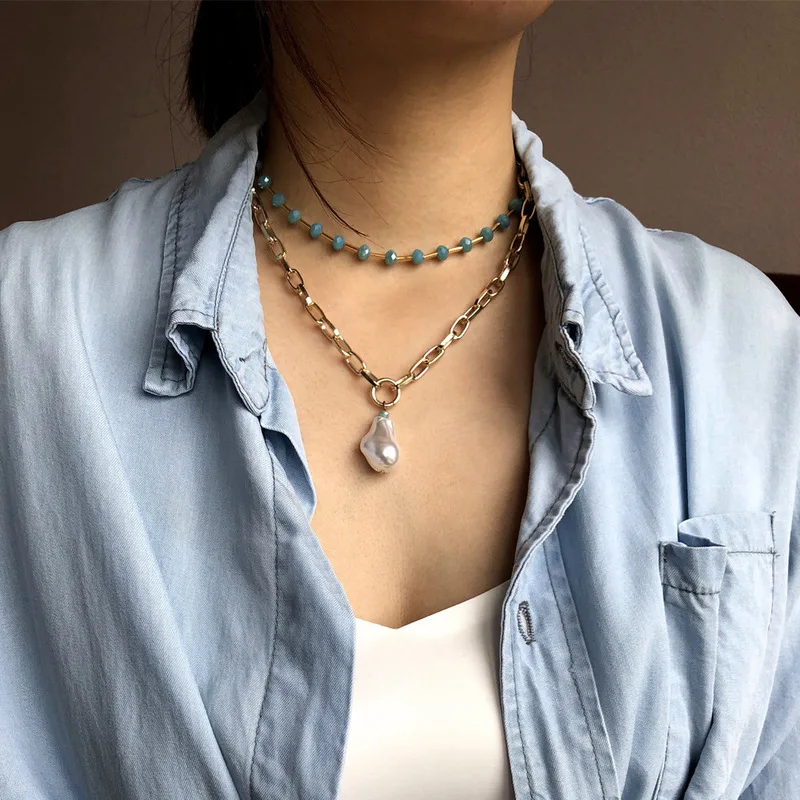European and American gold chain pearl pendant Faceted Crystal Beaded double necklaces female punk neck clavicle chain
European and American gold chain pearl pendant Faceted Crystal Beaded double necklaces female punk neck clavicle chain