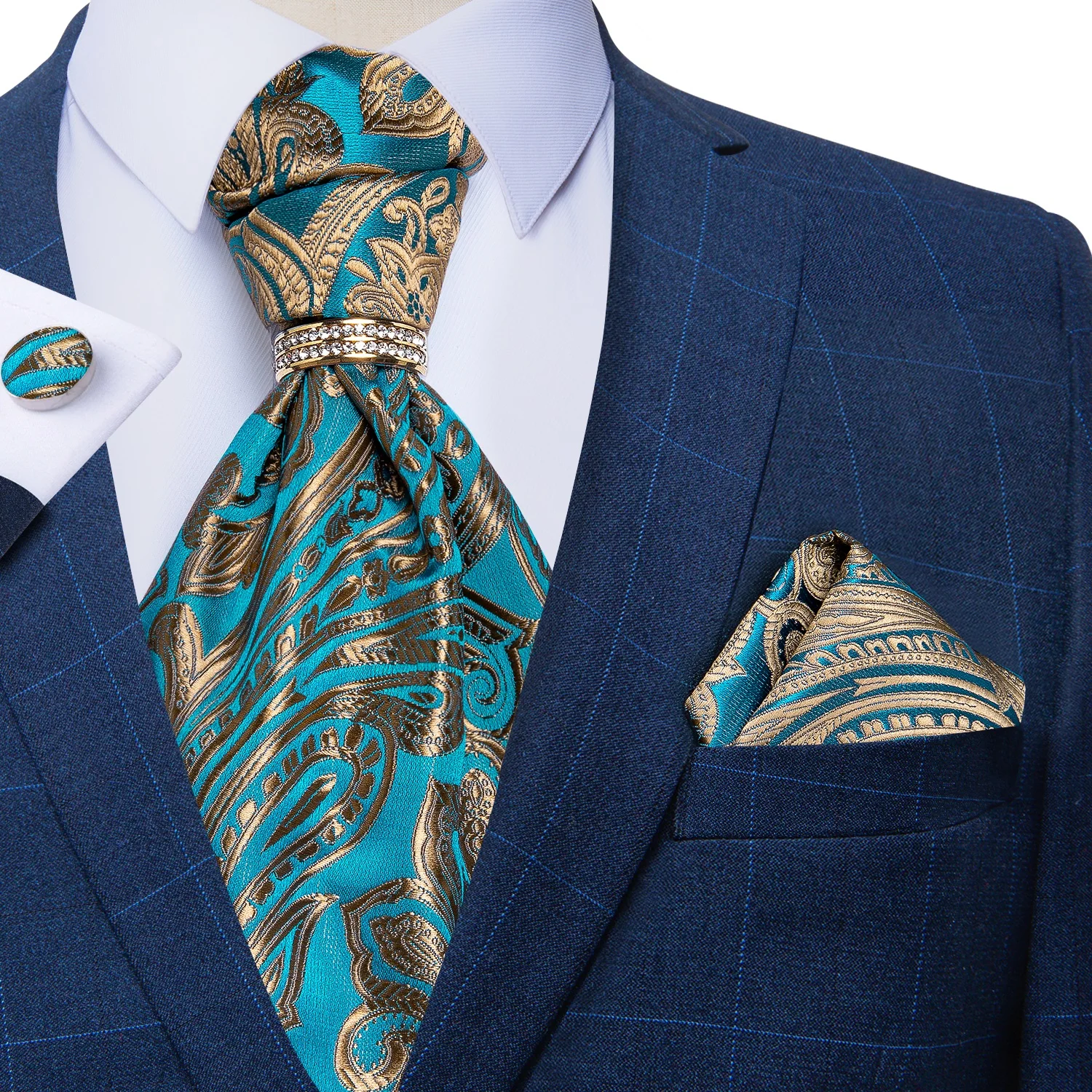 

Men Vintage Teal Blue Paisley Ascot Tie Handkerchief Cravat Set Luxury Silk Formal Wedding Necktie Cufflinks Tie Ring DiBanGu