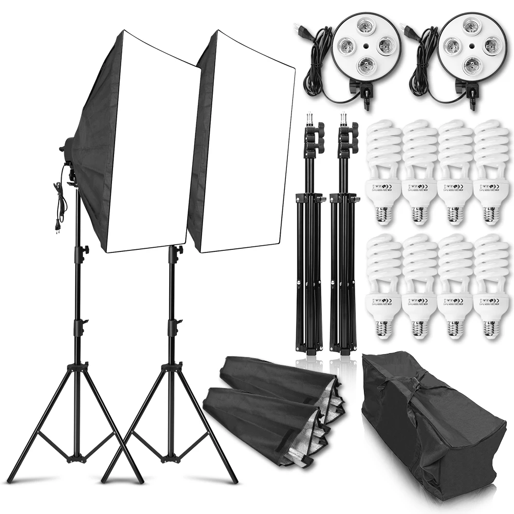 

Photography E27 4 Light Socket Softbox Lightbox Kit 50x70CM Continuous Shooting Light Lamp Soft Box 2m Light Stand 8pcs 45W Bulb