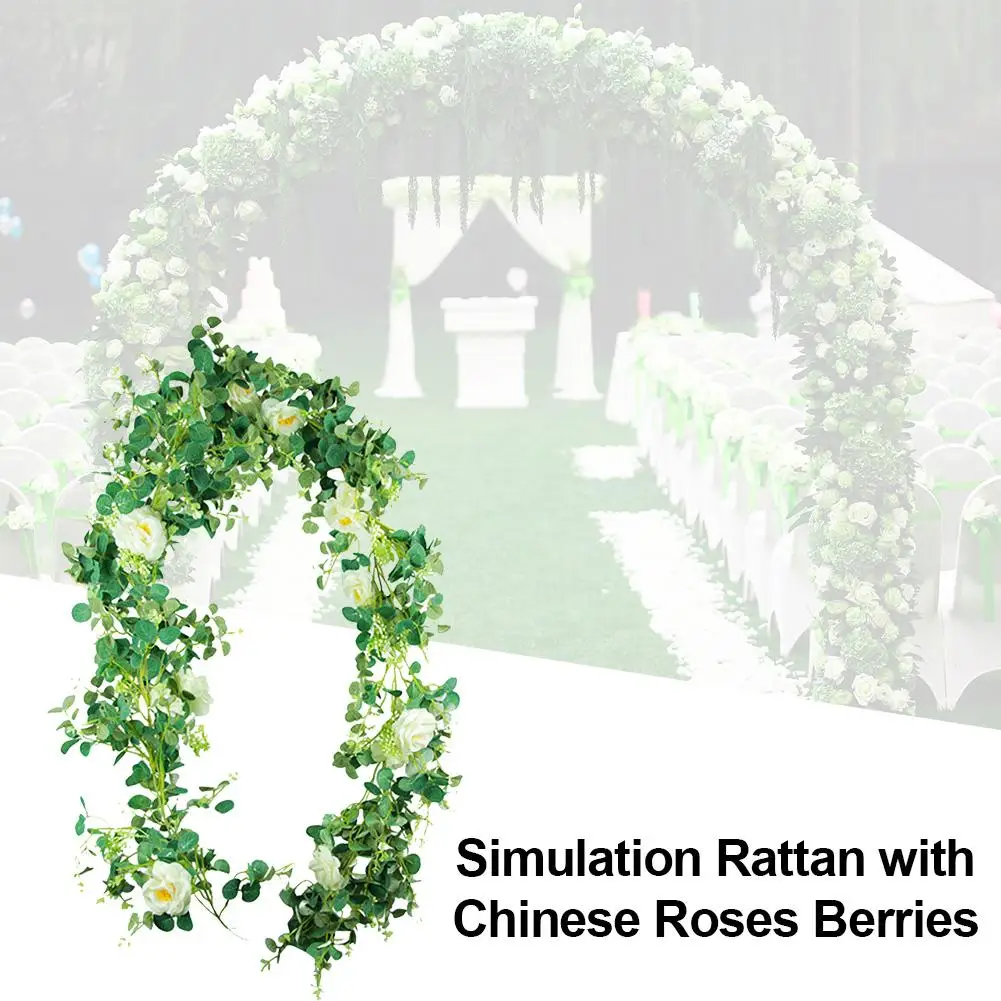 

Simulation Rattan with Chinese Roses Berries Realistic Elegant Eucalyptus Money Leaf Artificial Vine for Wedding Home Decoration