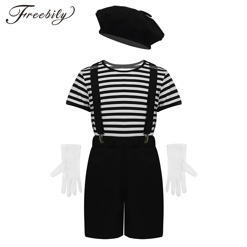 Kid Boys Girls French Mime Artist Fancy Dress Costume Unisex Striped T-Shirt Beret Gloves Suspenders Halloween Cosplay Outfit |