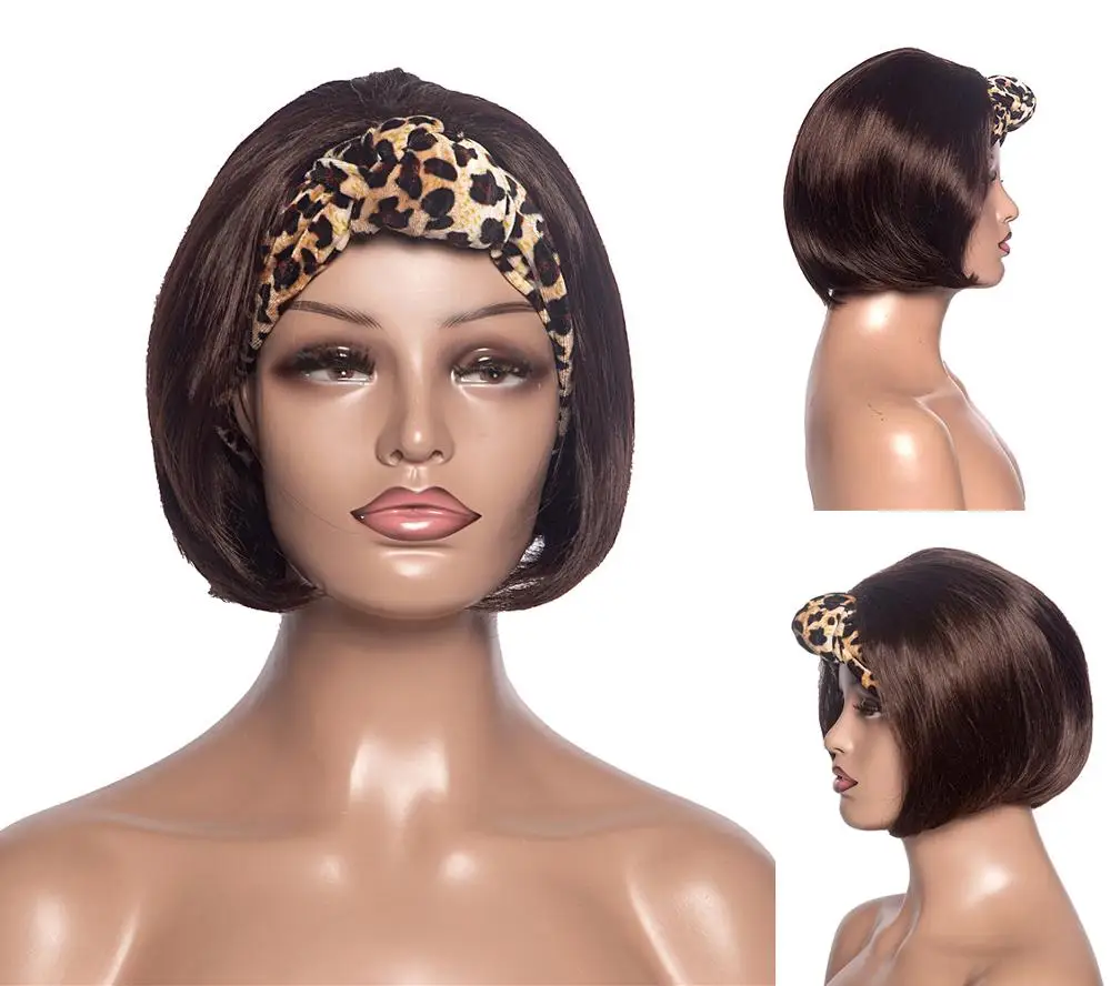 

GAKA Short Wigs Straight Bob Wigs with Lepard Wrap Drawstring Puff Turbon Hair Women Dark Brown Shiny Synthetic Wig