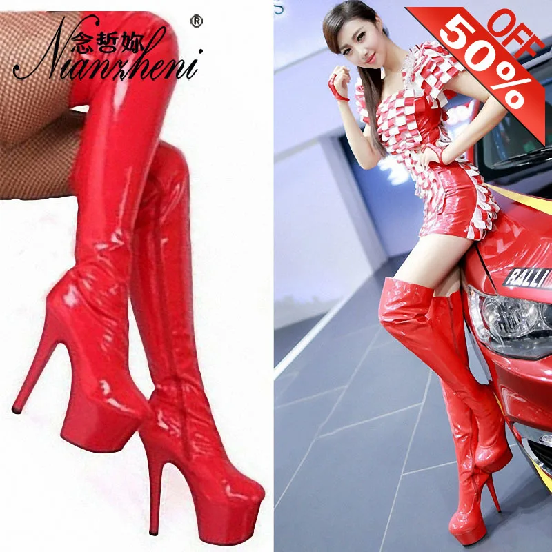 

Patent leather Thin heels Over the knee Boots 15cm Stiletto heels 6 inches Zipper Nightclub Stripper Queen Exotic Dancer Boots