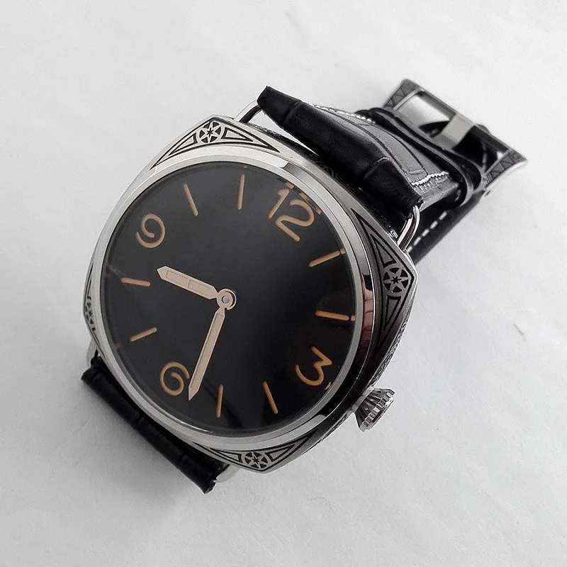 Watch Men 47mm Seagull Movement Black Dial carving military Mechanical Leather hand winding Watch Florence
Watch Men 47mm Seagull Movement Black Dial carving military Mechanical Leather hand winding Watch Florence