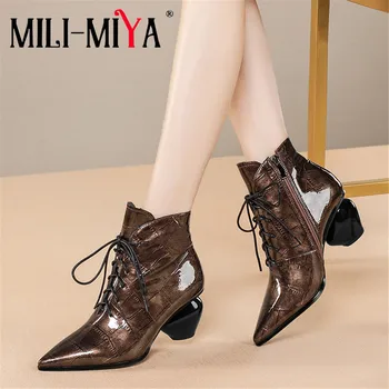 MILI-MIYA New Arrival Women Cow Leather Ankle Boots Lace-Up Zipper Strange Heels Pointed Toe Solid Color Motorcycle Boots
MILI-MIYA New Arrival Women Cow Leather Ankle Boots Lace-Up Zipper Strange Heels Pointed Toe Solid Color Motorcycle Boots