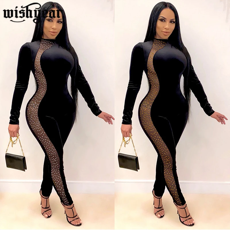 

Hot Drilling Mesh Patchwork Velet Jumpsuit Woman Long Sleeve Mock Neck High Waist Tight Rompers Party Club Overalls