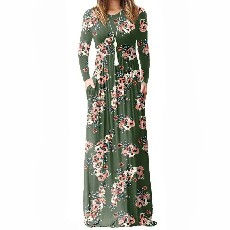 

Femme Summer Floral Printed A-line Dress Women Long Sleeve Maxi Long Dresses Female Boho Beach Sundress Pockets Plus Size GV083
