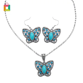 2 pieces/set retro blue green stone butterfly jewelry set women pattern necklace bracelet earrings jewelry set Glittery 
2 pieces/set retro blue green stone butterfly jewelry set women pattern necklace bracelet earrings jewelry set Glittery