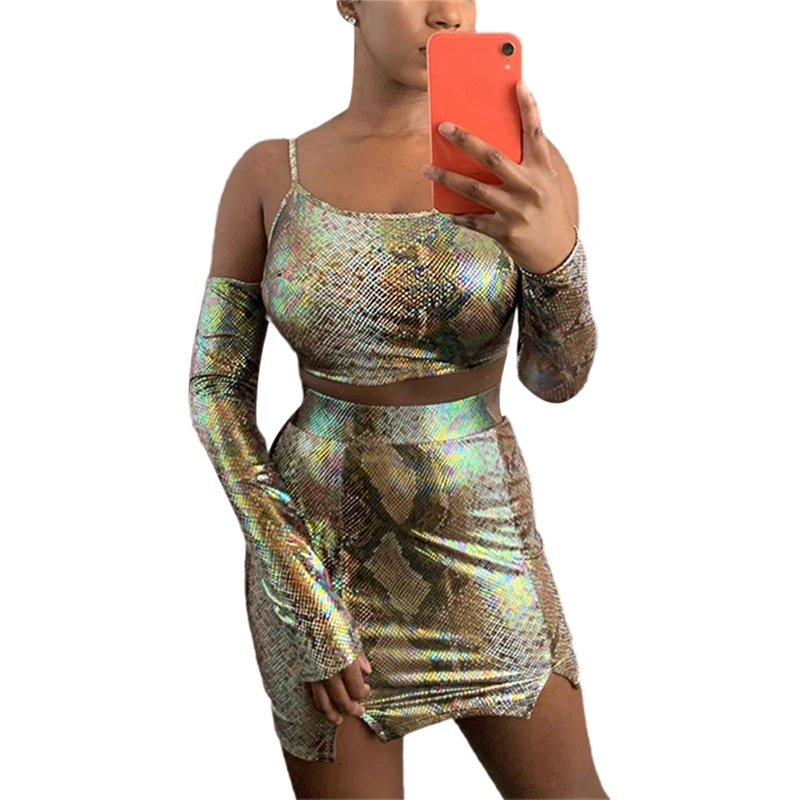 2 Pcs Lady's Sexy Dress Set, Sparkling Irregular Long Sleeve Sling Bare Midriff, Snakeskin Pattern Slim Short Package Hip Skirt
2 Pcs Lady's Sexy Dress Set, Sparkling Irregular Long Sleeve Sling Bare Midriff, Snakeskin Pattern Slim Short Package Hip Skirt