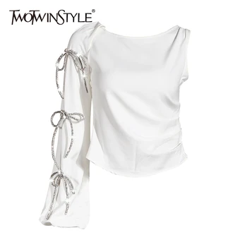 TWOTWINSTYLE Elegant Asymmetrical Women Shirt O Neck Irregular Sleeve Tunic Patchwork Bownot Lace Up Hit Color Blouse For Female
TWOTWINSTYLE Elegant Asymmetrical Women Shirt O Neck Irregular Sleeve Tunic Patchwork Bownot Lace Up Hit Color Blouse For Female