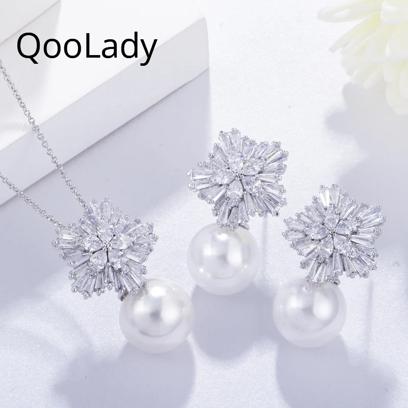 QooLady Brand New White Cubic Zircon Bridal Snowflake Pearl Pendant Necklaces and Earrings Costume Jewelry Set for Wedding Z003
QooLady Brand New White Cubic Zircon Bridal Snowflake Pearl Pendant Necklaces and Earrings Costume Jewelry Set for Wedding Z003