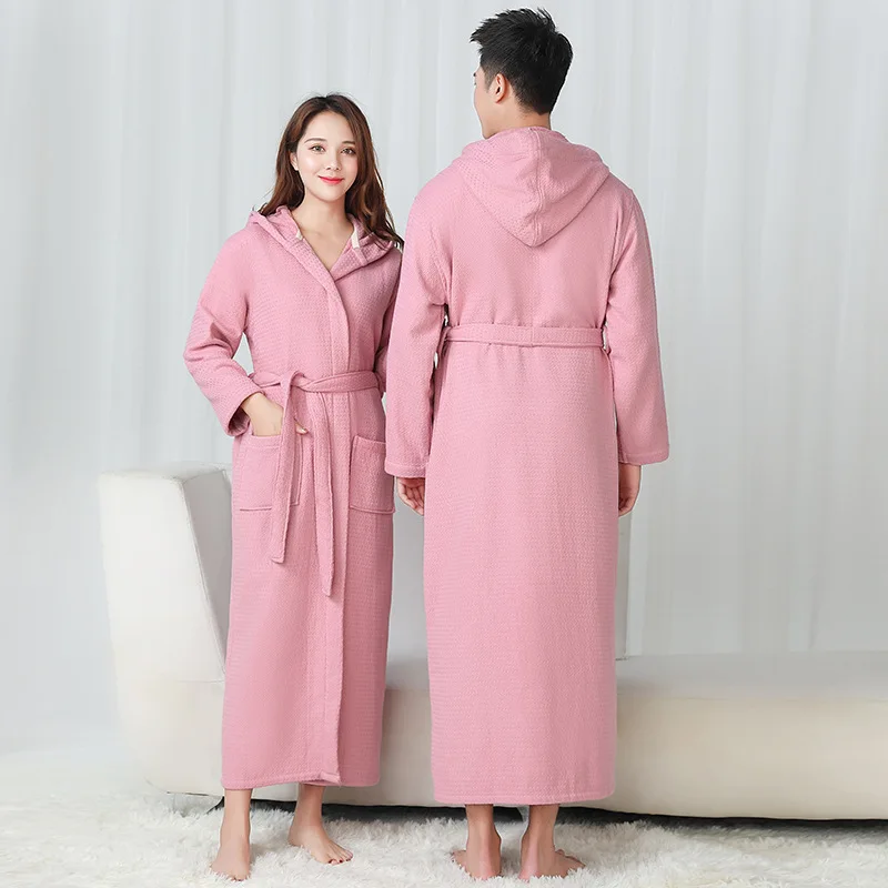 

100% Cotton Waffle Double Thicken Warm Couple Layer Hooded Bath Robe Soft Men Females Casual Home Bathrobe Japan Style Homewear