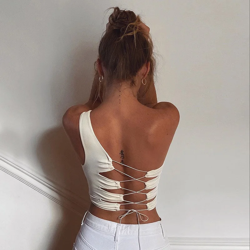 Gothblack Sexy Streetwear Slim Sleeveless BackLees Tacnk Top Women Lace Up Off Shoulder Bodycon Top Female Summer Casual Top