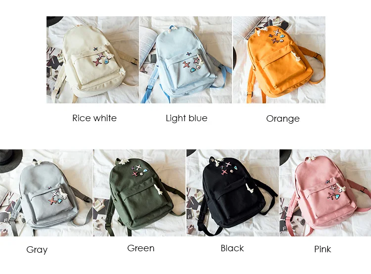 Menghuo 5 Pcsset Women Backpacks Cute Plane Badge School Bags For Teenage Girls Simple Canvas Backpacks Ladies Shoulder Bags (5)