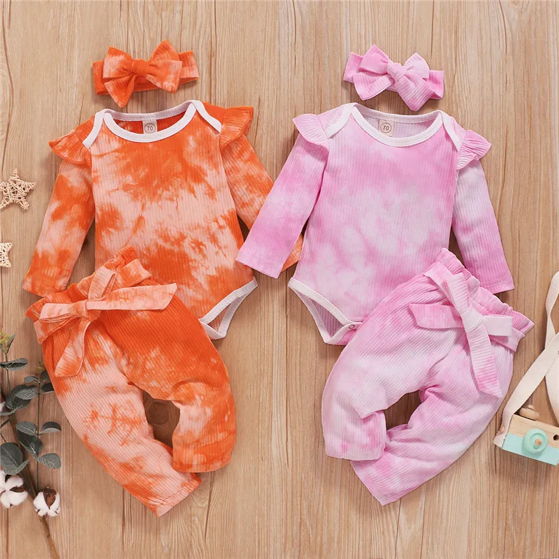 2020 Baby Girl Tie dye Clothing Infant Long Sleeve One Neck Romper Lace-up Trousers Headband 3 Pcs Outfits Newborn Set
2020 Baby Girl Tie dye Clothing Infant Long Sleeve One Neck Romper Lace-up Trousers Headband 3 Pcs Outfits Newborn Set