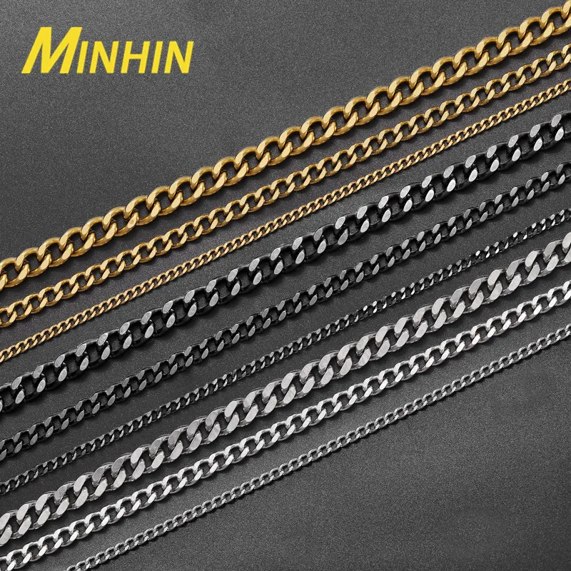 

Basic Stainless Steel Necklace for Men Women Cuban Link Chain Chokers Vintage Gold Color Black Solid Metal 40 50 60cm Chains