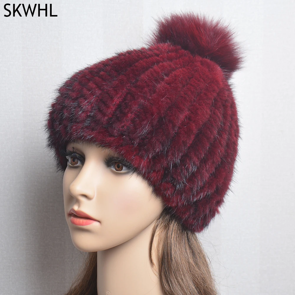 

2024 Luxury Lady Real Mink Fur Hat Women Winter Knitted Real Mink Fur Beanies Hats Fox Fur Pom Poms Thick Warm Real Mink Fur Cap