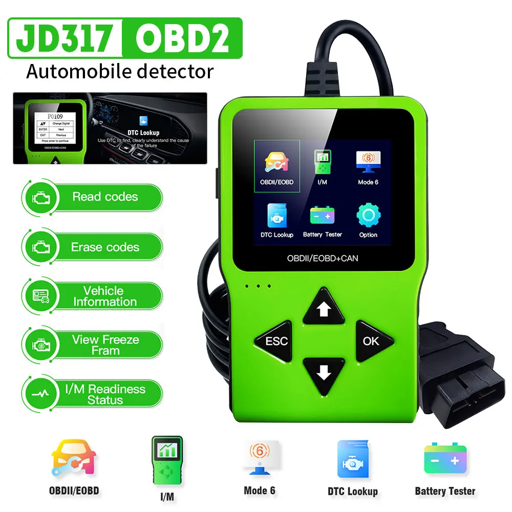 Professional OBD2 Scanner JD317 Car Diagnostic Tool Battery Testing Erase Fault Code Reader Car Detector
Professional OBD2 Scanner JD317 Car Diagnostic Tool Battery Testing Erase Fault Code Reader Car Detector