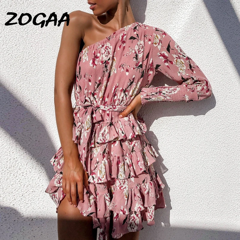 ZOGAA 2019 женское богемное шифоновое платье на одно плечо Цветочный принт пляжное