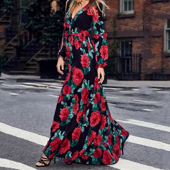 Boho Rose Floral Dress Sexy V-Neck Floor-Length Big Hem Dresses Hollow Out Long Sleeve Lace Up A-Line Evening Party Dress T1750 
Boho Rose Floral Dress Sexy V-Neck Floor-Length Big Hem Dresses Hollow Out Long Sleeve Lace Up A-Line Evening Party Dress T1750