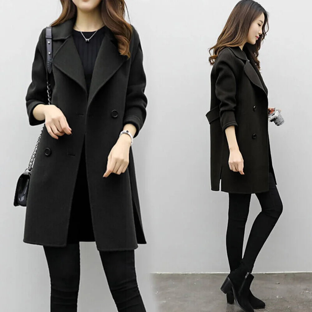 Женское шерстяное пальто на пуговицах однотонное офисное с длинным рукавом и