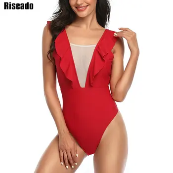 

Riseado Sexy One Piece Swimsuits 2020 Plunging Swimwear Women Ruffle Swim Wear Fused Backless Mesh Bathing Suits Women