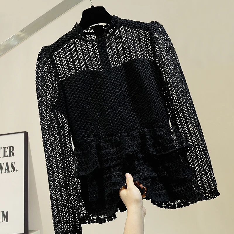 Sexy Lace Shirt Woman Retro Elegant Flounced Waist Hugging Hollow Out Stand Collar Lace Blouse Women's Crochet Lace Tops Blusas
Sexy Lace Shirt Woman Retro Elegant Flounced Waist Hugging Hollow Out Stand Collar Lace Blouse Women's Crochet Lace Tops Blusas