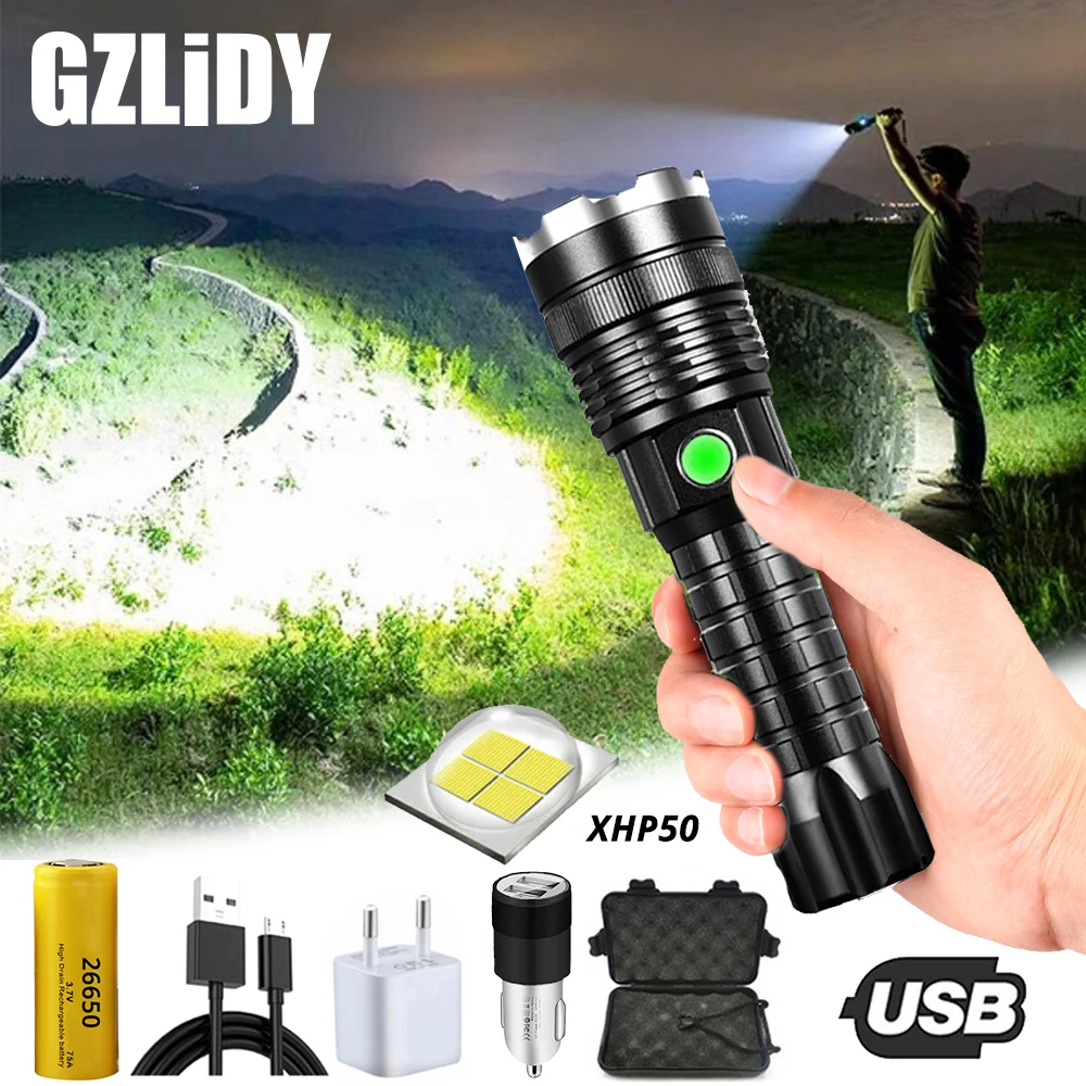 Super Bright XHP50 LED Flashlight USB Charging Waterproof Zoom 4 Modes Tactical Torch Using 26650 Battery Suitable for Outdoor
Super Bright XHP50 LED Flashlight USB Charging Waterproof Zoom 4 Modes Tactical Torch Using 26650 Battery Suitable for Outdoor