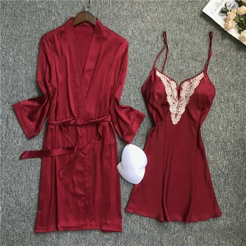 Sexy Robe Nightdress Set New Women's Sleepwear Satin Silk Robe Female Lace Bathrobe Womens Loose Robes Ladies Pijama Mujer Femme
Sexy Robe Nightdress Set New Women's Sleepwear Satin Silk Robe Female Lace Bathrobe Womens Loose Robes Ladies Pijama Mujer Femme