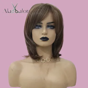 

ALAN EATON Synthetic Inclined Bangs Women Wigs Brown Blonde with Highlight Short Straight Hair Bob Wigs Cosplay Pixie Cut Wigs