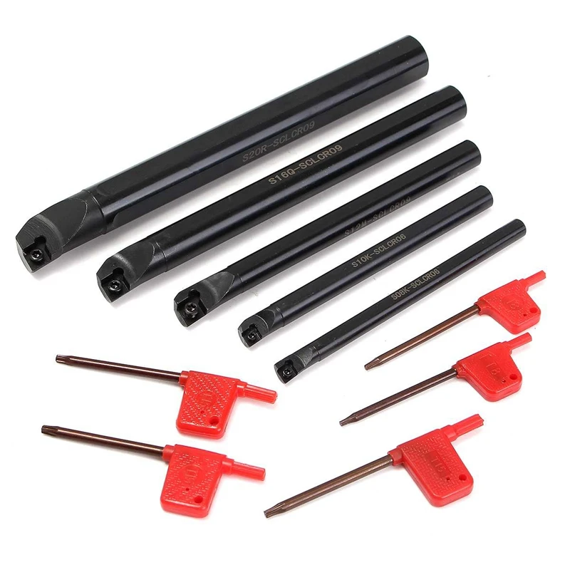 5Pcs S08K/S10K-Sclcr06 Boring Bar Lathe Turning Holder Set S12M/S16Q/S20R-Sclcr09 Turning Tool Machine Tool Kit And T8/T15 Wrenc