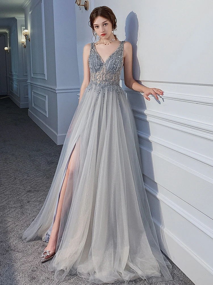 

Gray Silver Prom Evening Dresses Side Split V-Neck A-Line Luxury Beading Sleeveless Wedding Formal Party Bridesmaid Gown 2024