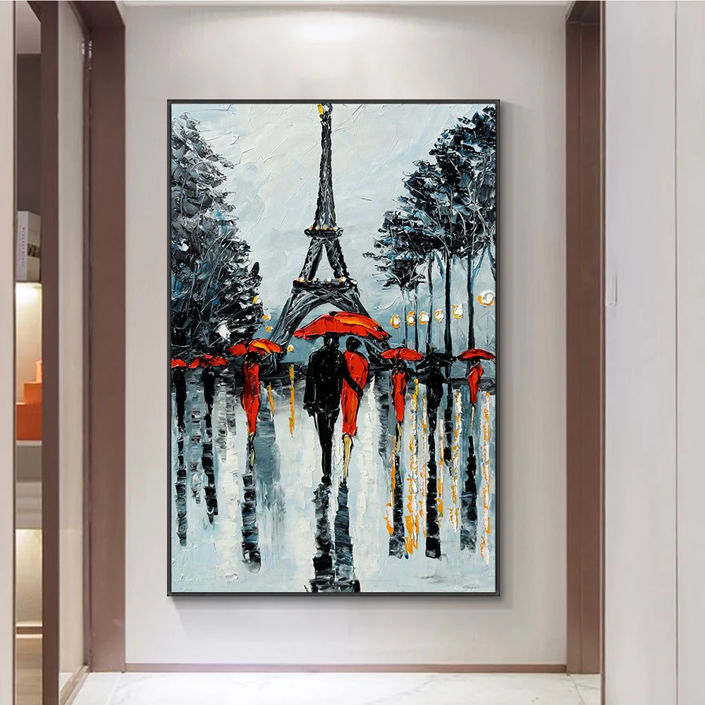 

100% Hand Painted Abstract Lover Working In The Street With Red Umbrella Oil Painting On Canvas Handmade Wall Art For Home Decor
