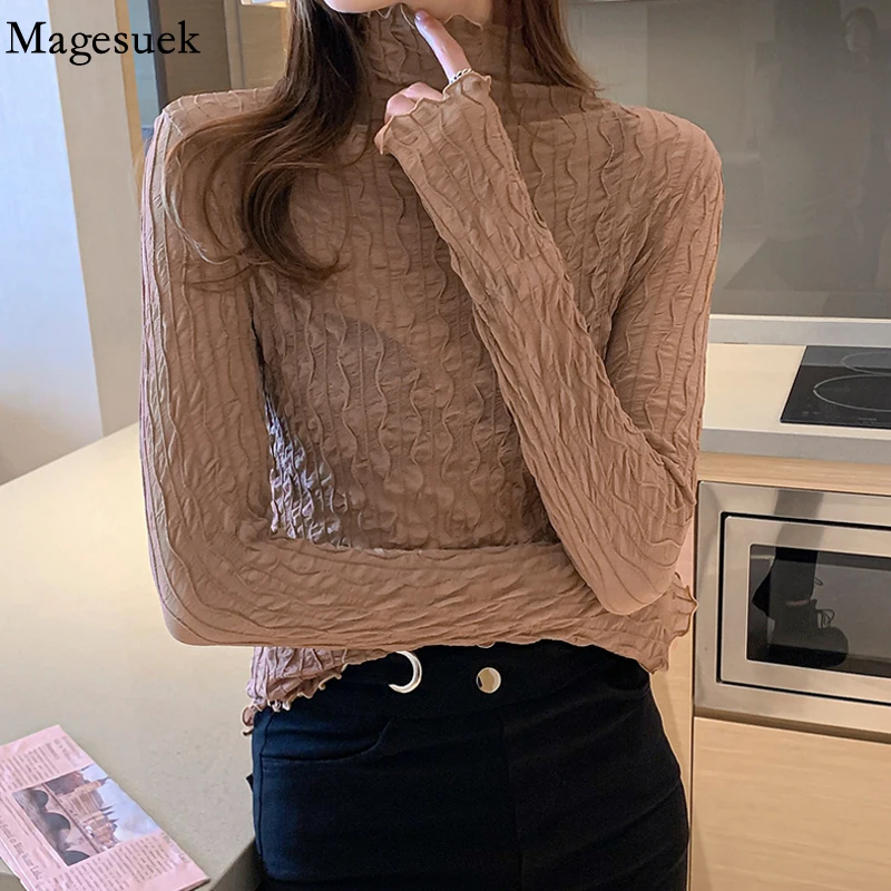 

Fashion Turtleneck Lace Bottoming T-shirt Women 2021 Autumn Long Sleeve Slim Sexy See-through Blouse Pleated Ruched Tops 17434