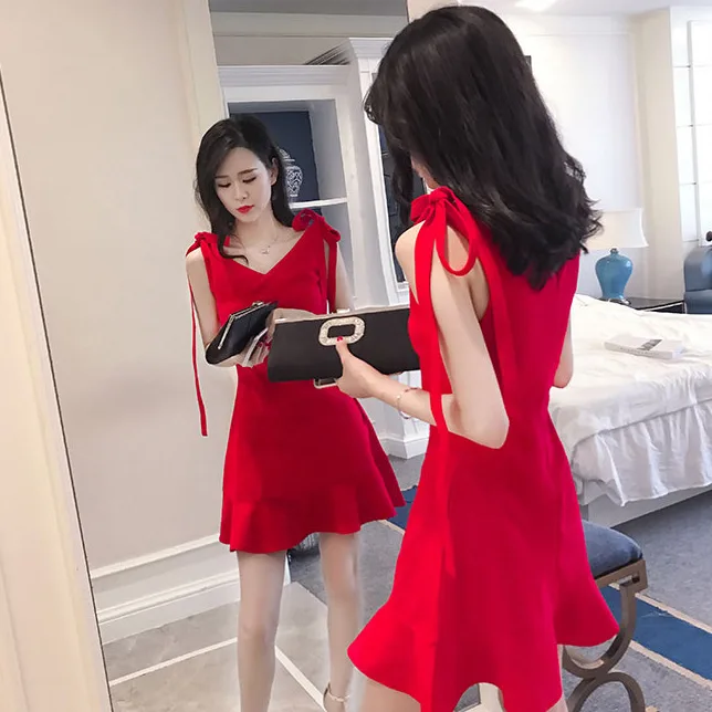 Online Celebrity Women's 2019 New Style Low-Cut Waist Hugging Slimming Sheath Flounced Fishtail Camisole Nightclub Sexy Dress