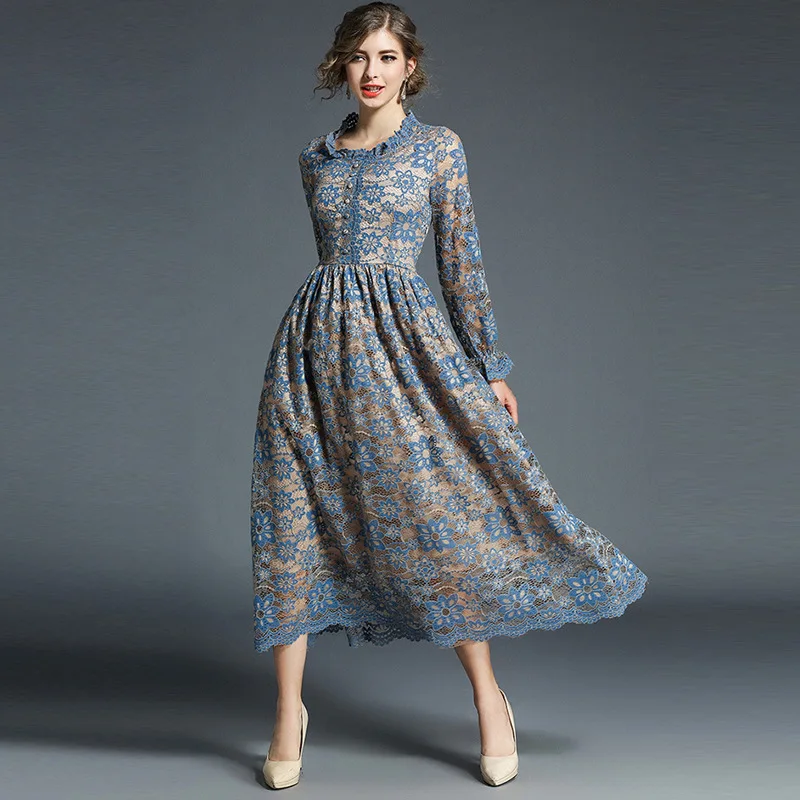High-end custom temperament long dress elegant temperament lace round neck hollow a word skirt
High-end custom temperament long dress elegant temperament lace round neck hollow a word skirt