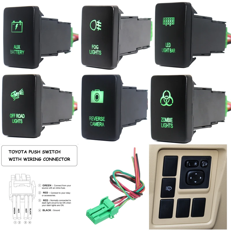 12V Aux Battery/LED Light Bar/Reverse camera Push Button Switch Green Lights for Toyota Hilux Prado Highlander Landcruiser RAV4
12V Aux Battery/LED Light Bar/Reverse camera Push Button Switch Green Lights for Toyota Hilux Prado Highlander Landcruiser RAV4