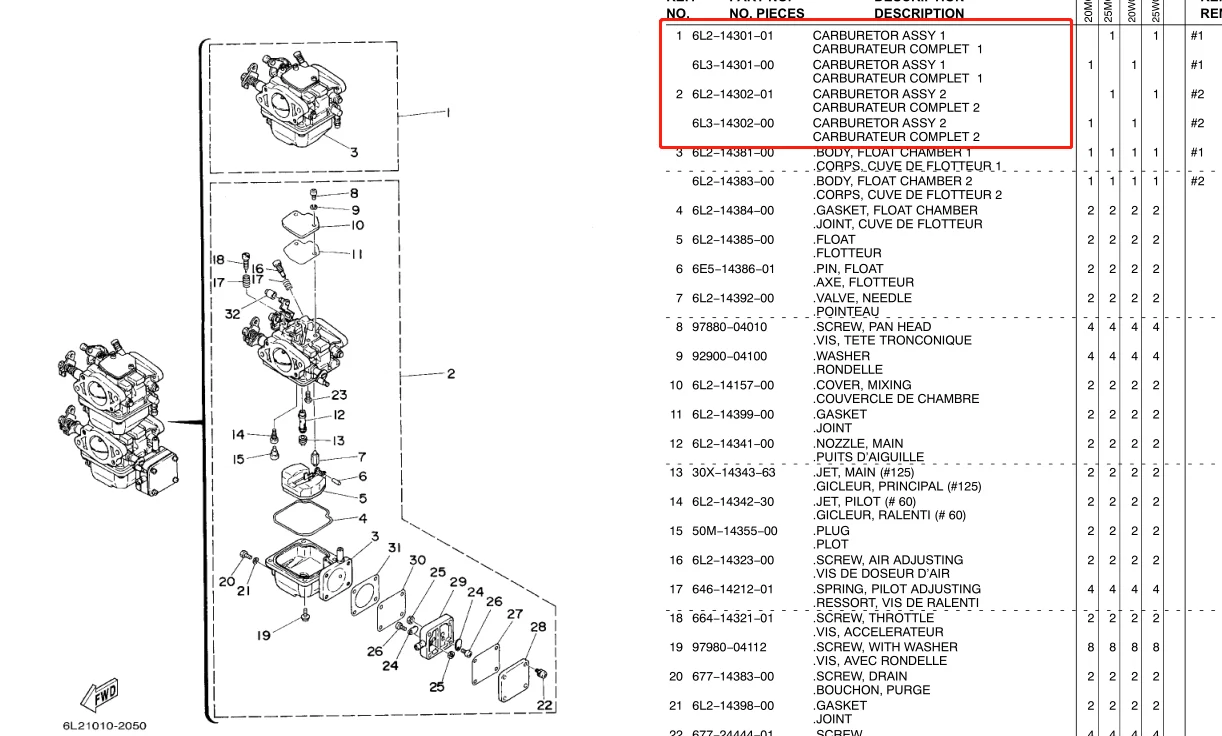 6L2-14301 Carburetor For Yamaha Outboard Motor 2T 2 Cylinder 20HP 25hp 25MLHU 6L2-14302-00 6L2-14301-00 