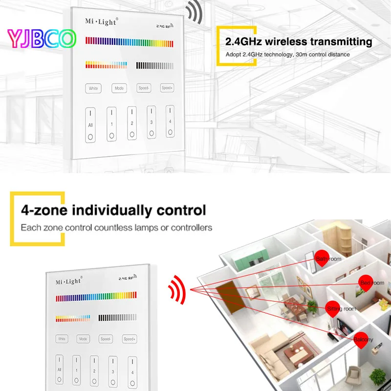 T4 Milight 4-Zone RGB+CCT AC220V Smart Touch Panel Remote Controller for led strip light tape ribbon lamp or bulb
T4 Milight 4-Zone RGB+CCT AC220V Smart Touch Panel Remote Controller for led strip light tape ribbon lamp or bulb