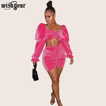 2020 Spring Pink Color Velvet Two Piece Set Skirt Ruched Strapless Long Puff Sleeve Crop Top+Bodycon Mini Pleated Skirt Outfits
2020 Spring Pink Color Velvet Two Piece Set Skirt Ruched Strapless Long Puff Sleeve Crop Top+Bodycon Mini Pleated Skirt Outfits