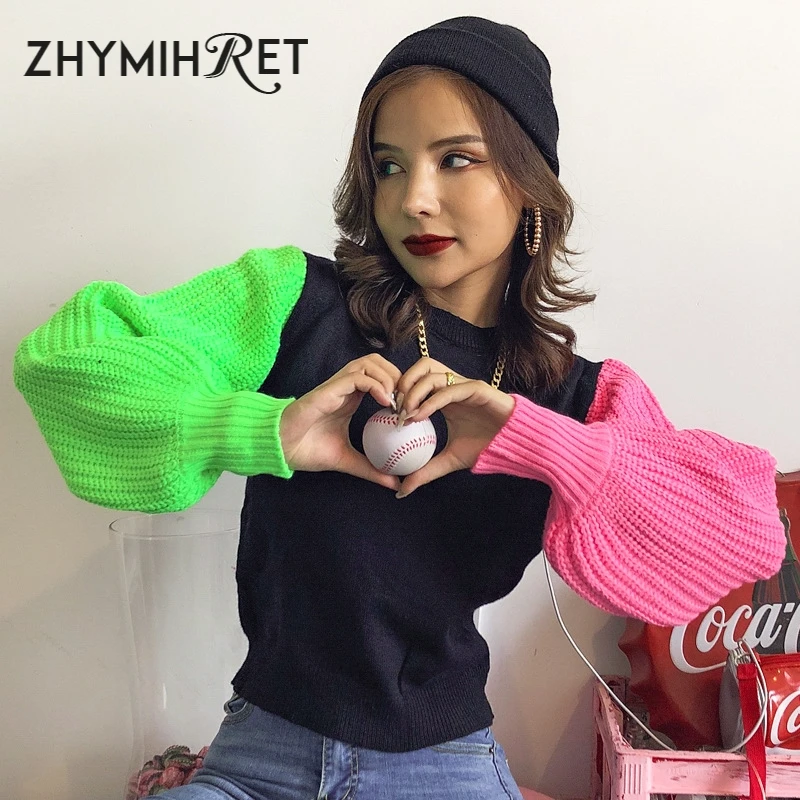 ZHYMIHRET милый неоновый пуловер с рукавами в стиле пэчворк Осень зима 2019 вязаный