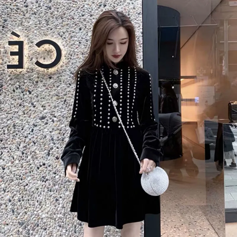 New Elegant Lady's Black Dress Luxury Rivets Velvet Soft Winter Dresses Women Party Retro Buttons High Quality Basic Vestidos | Женская