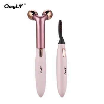 CkeyiN 2 in 1 V Face Shaping Roller Massager Heated Eyelash Curler Perm Curling Iron Makeup Long Lasting Eye Lashes Applicator