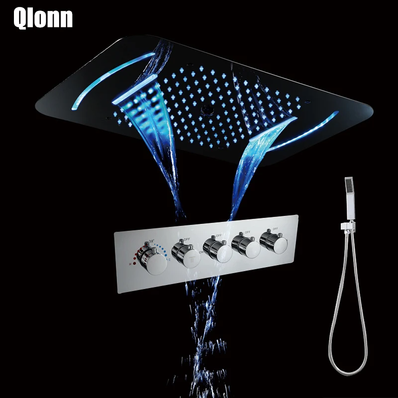 

Square Chrome 304 Stainless Steel Thermostatic Brass Shower Faucets Rainfall Waterfall Mist 580*380mm Ceiling LED Shower Set