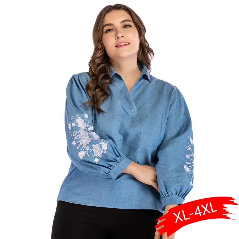 Women's Large Size shirt New V-neck Print Embroidery Long-sleeved Denim Blue Lantern Sleeve Short Tops Female Autumn Blouse 
Women's Large Size shirt New V-neck Print Embroidery Long-sleeved Denim Blue Lantern Sleeve Short Tops Female Autumn Blouse