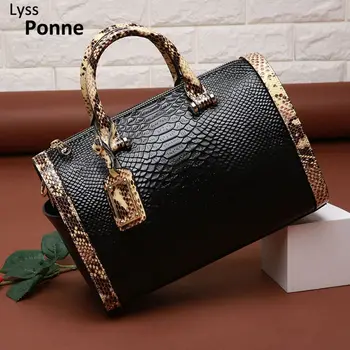 

Cowhide Genuine Leather Boston Bag Handbag For Women Serpentine Embossed Shoulder Bag Casual Tote Large Capacity Pillow Bag