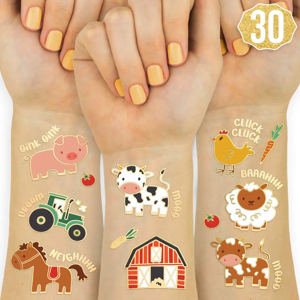 

Farm Party Supplies Temporary Tattoos Kids Stickers Barnyard Animals Petting Zoo Cow Horse Tractor Trailer Sheep