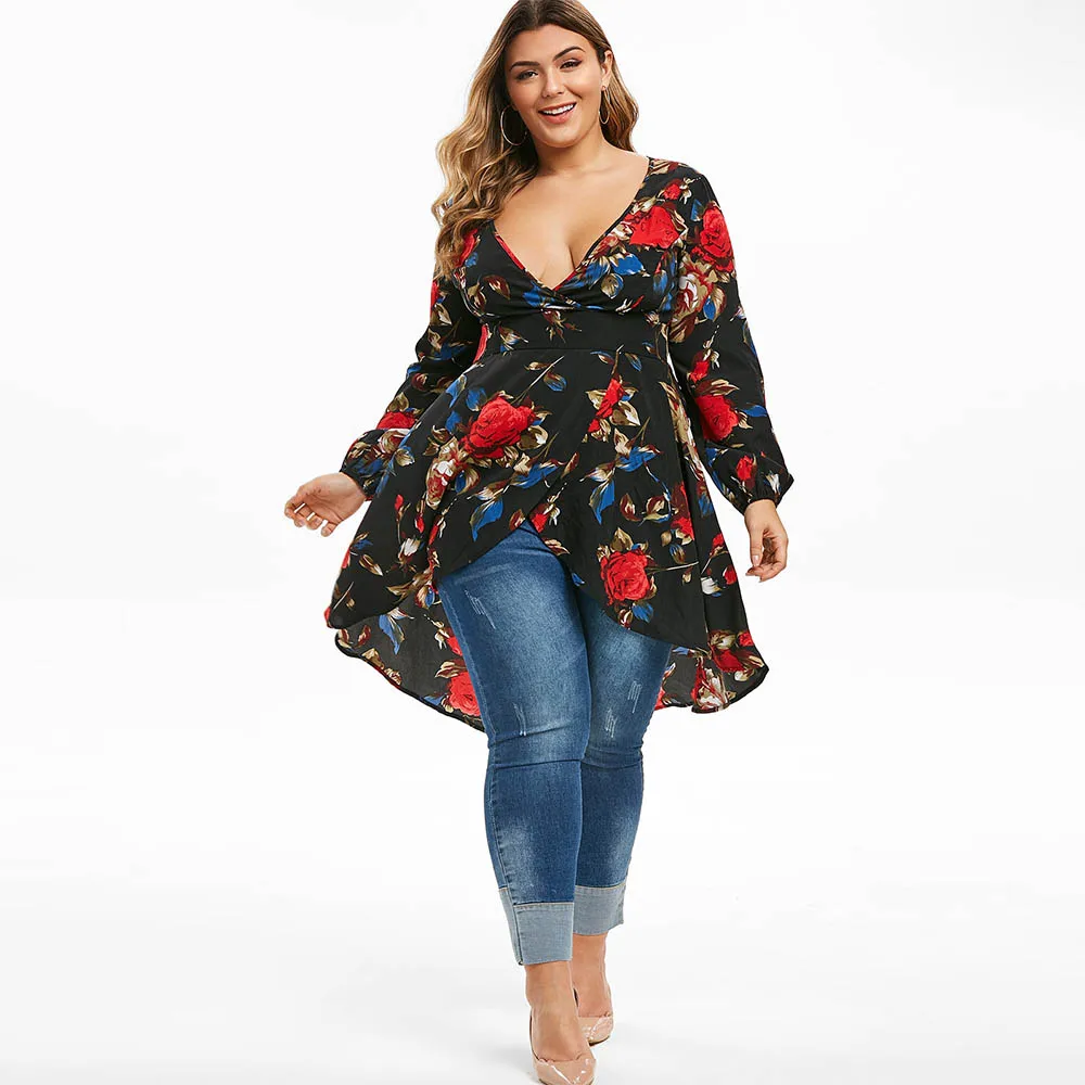 

ROSEGAL Plus Size Surplice Flower Print Asymmetric Long Sleeve Blouse Plunging Neck Women Sexy HIgh Waist Vintage Shirts 2019